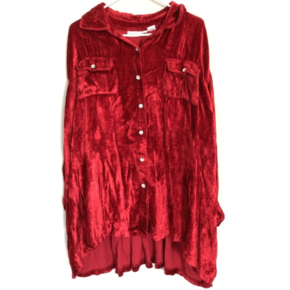 Denim 24/7 Tops - Denim 24/7 Shirt Women 24W Ruby Red Velvet Button Tunic Top Plus Long Sleeve